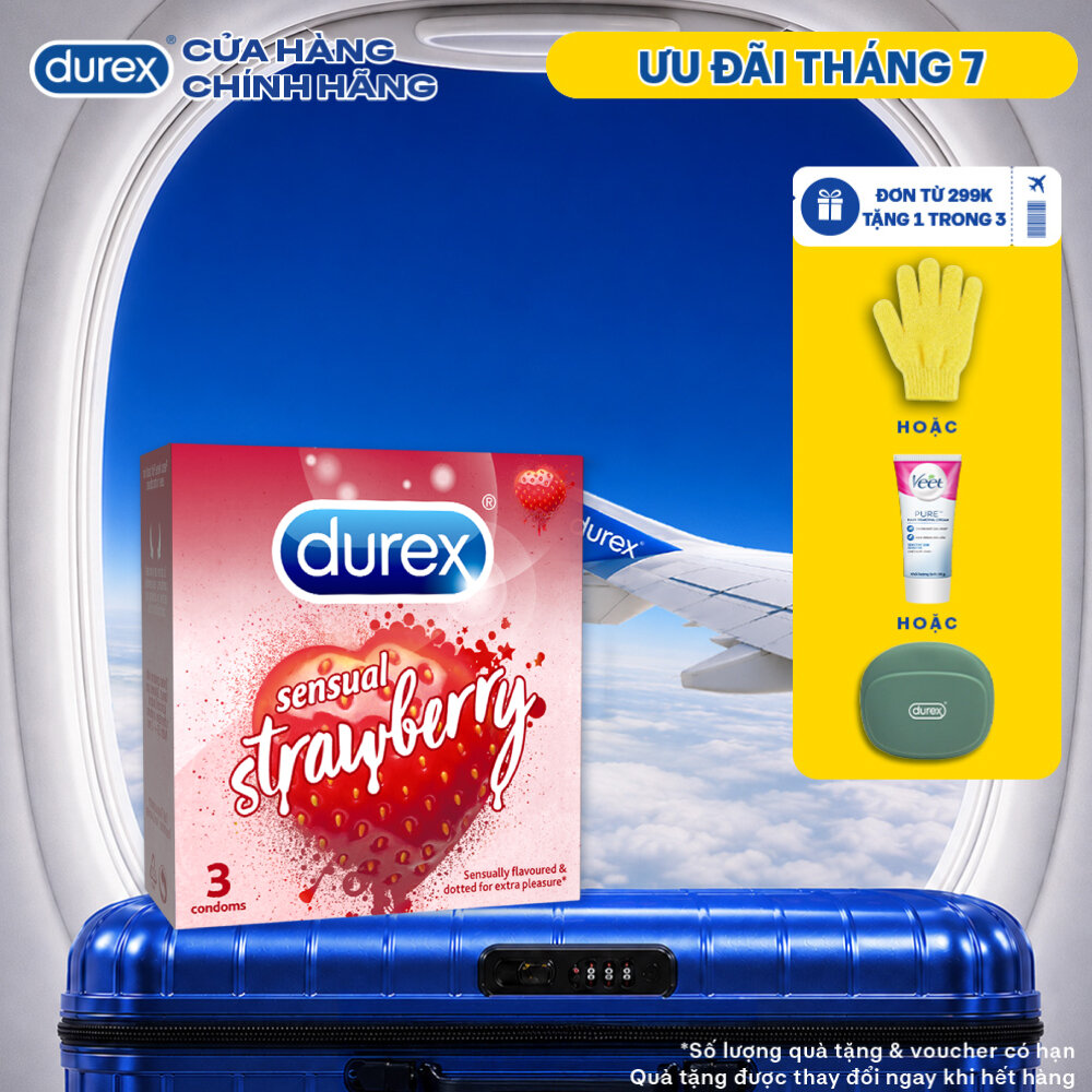 Bao cao su Durex Sensual Strawberry hương dâu (size 52mm, hộp 3 bao)
