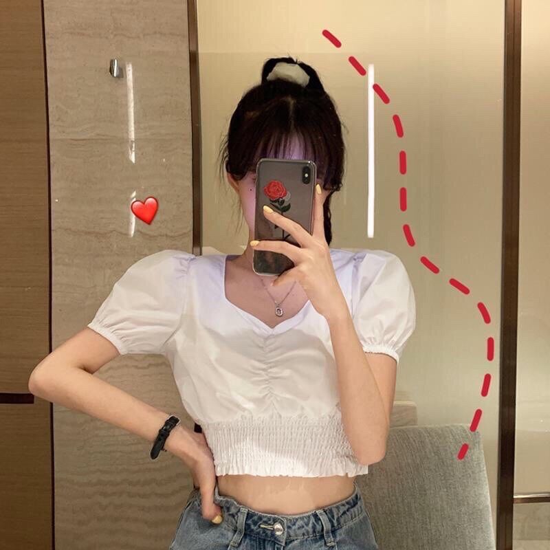 Áo croptop vai bồng chun eo nhún ngực