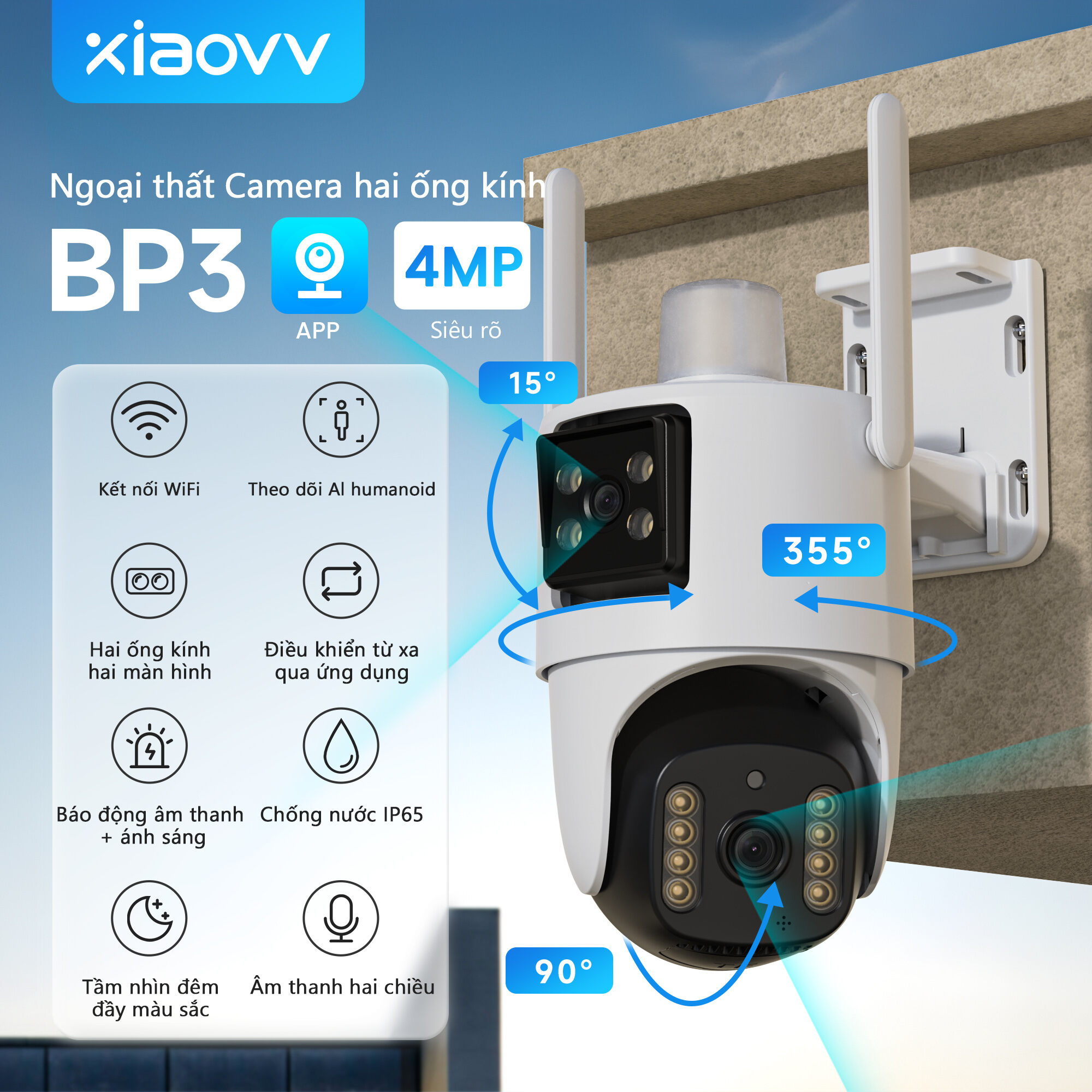 xiaovv (use V380 Pro APP) BP3 Cctv Camera 4MP Dual Lens Dual Screen WIFI Wireless Outdoor PTZ Monitoring IP65 Waterproof Human Detection Auto Tracking Color Night Vision Smart Home Security Monitor