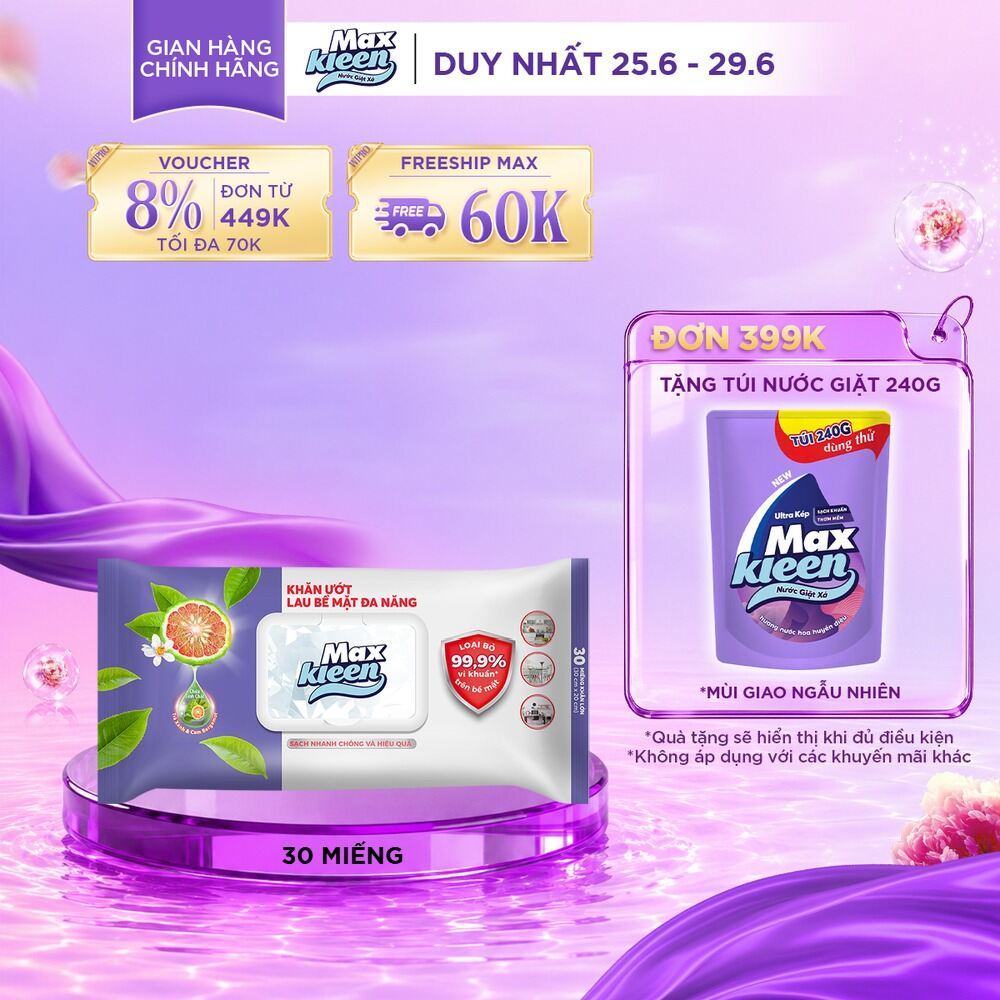 Khăn Ướt Lau Bề Mặt Đa Năng MaxKleen Loại Bỏ 99.9% Vi Khuẩn Hương Trà Xanh  Cam Bergamot 30 Miếng/Gói