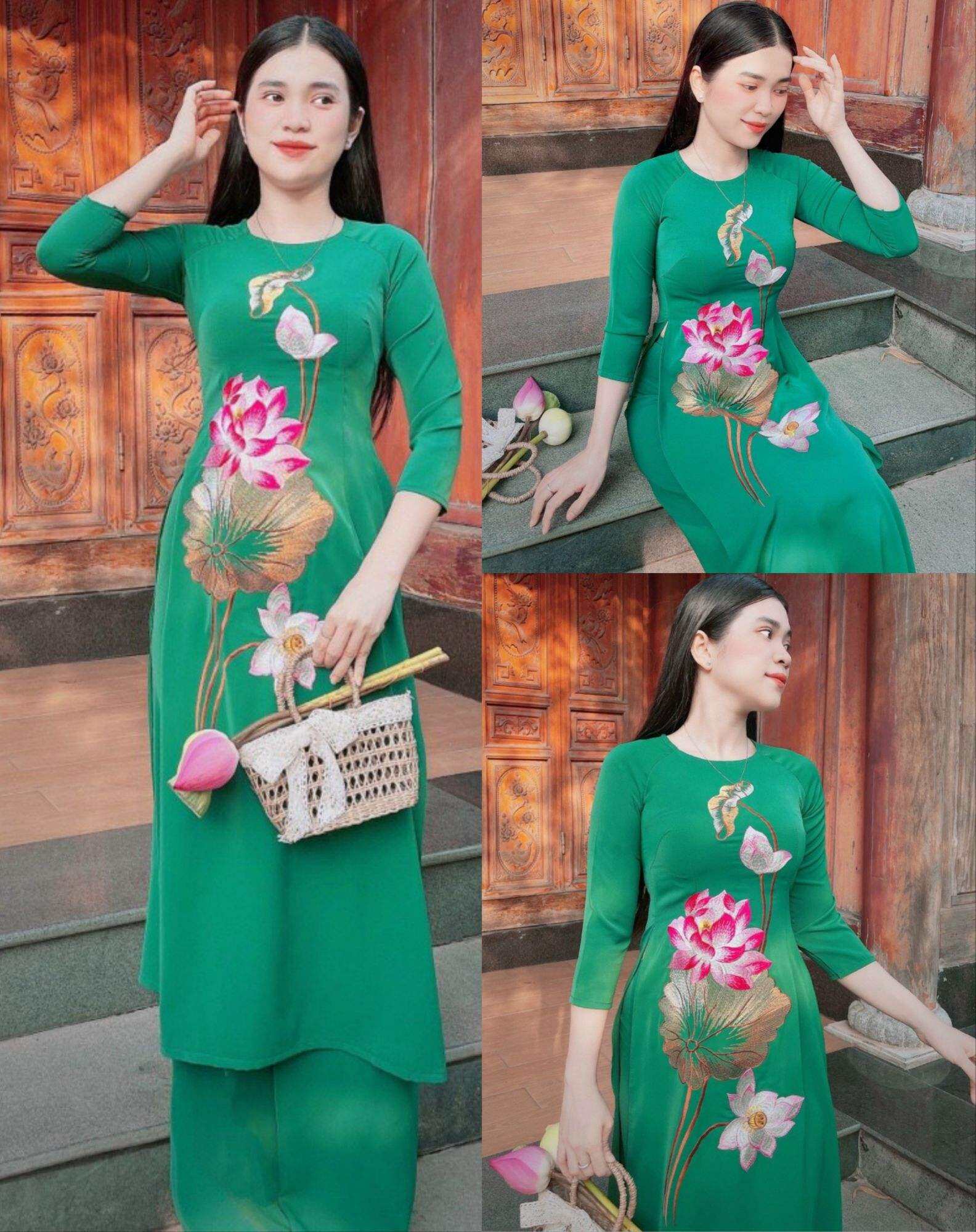 Đồ lam nữ áo dài truyền thống lụa tằm ướt thêu sen HPA