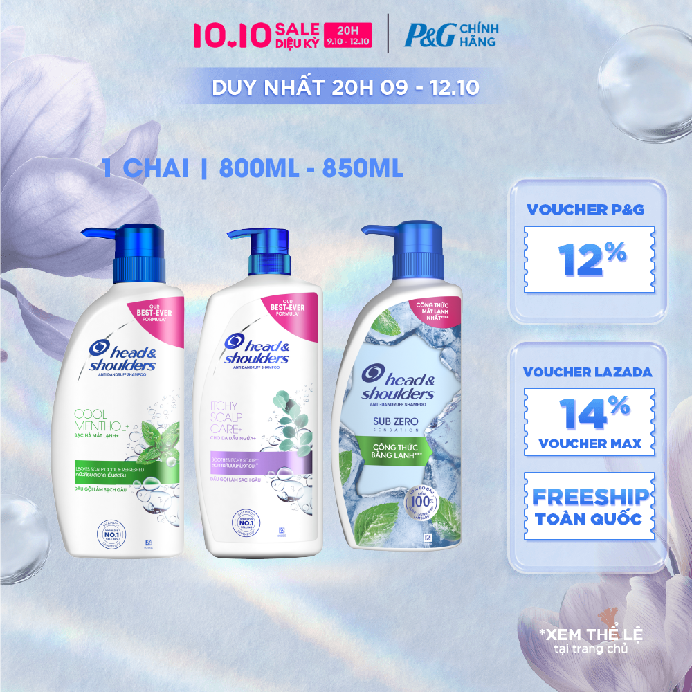 [Voucher 12%] Dầu Gội HEAD & SHOULDERS Sạch Gàu Anti Bạc/ Bạc Hà Mát Lạnh/ Giảm Ngứa Da Đầu/ Sub-Zero Băng Lạnh/ Suôn Mềm Óng Mượt Chai 850ML/ 800ML