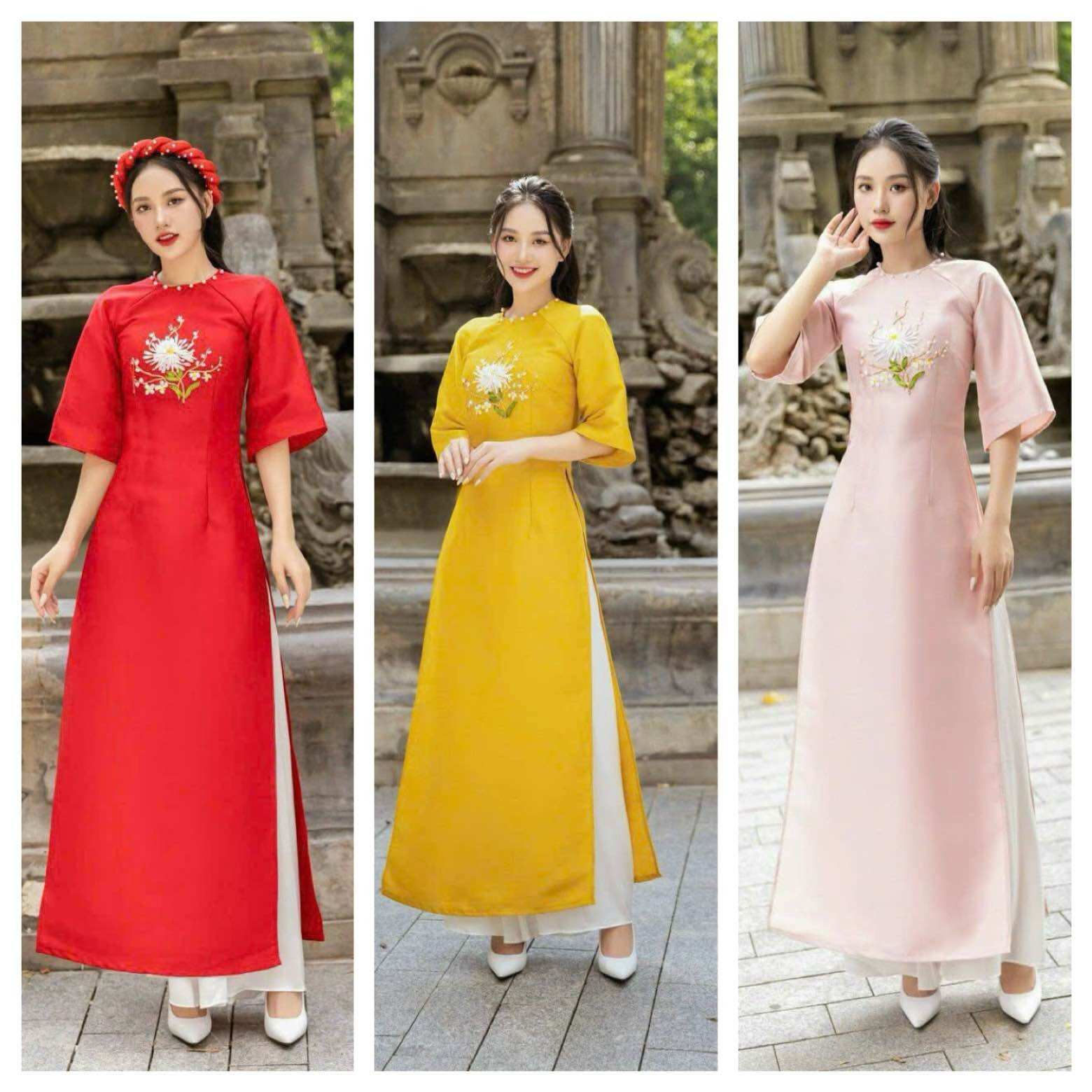 Áo dài cách tân nữ áo dài nữ chất tappta thêu cổ đính ngọc thủ công