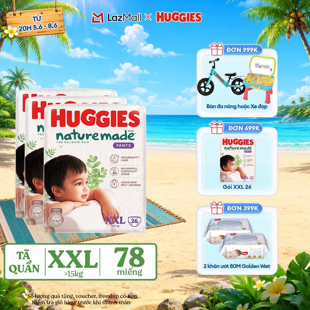 [CHỈ 9-10.6 QUÀ TẶNG ĐƠN 399K](Mua 1 tặng 1)  Combo 3 Tã/Bỉm quần HUGGIES PLATINUM NatureMade XXL26 (Trên 15kg)-Gói Jumbo 26 miếng