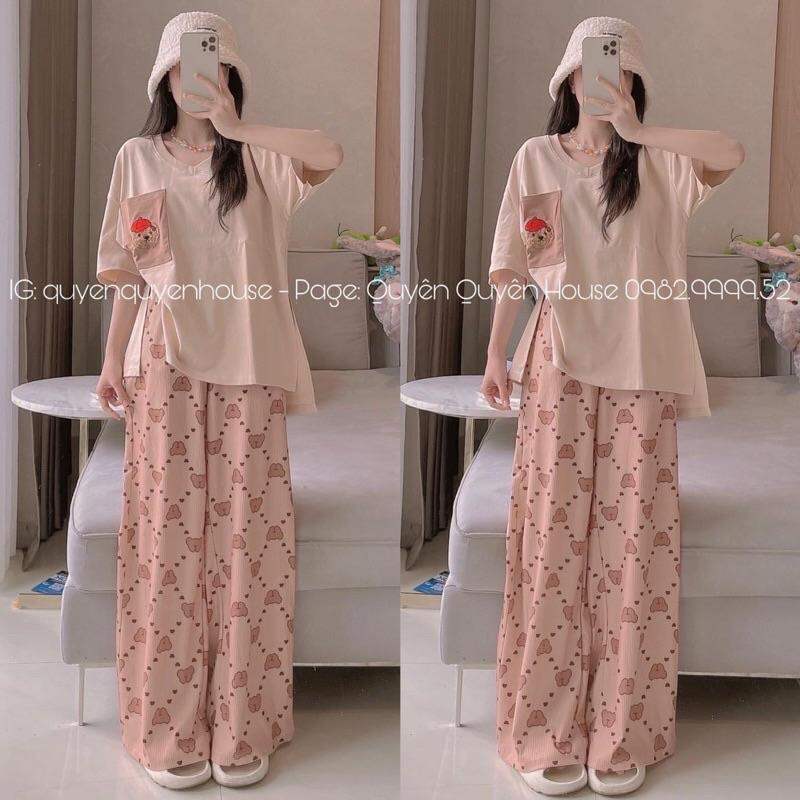 Set áo cotton cổ tim xẻ tà be quần suông