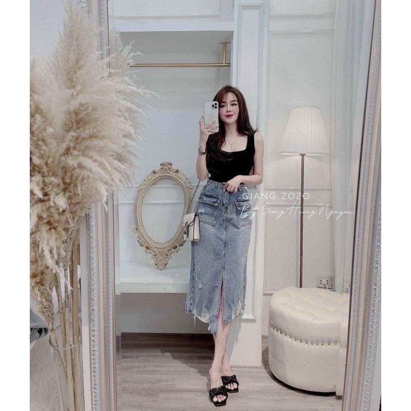 Chân váy bò nữ dáng dài xẻ tà