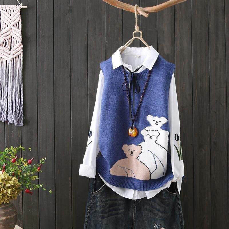 Gilê áo ba lỗ cổ tròn dệt kim cho nữ áo len gấu nhỏ không tay mẫu ngắn gilê áo thu đông trang phục nữ rộng rãi chui đầu cho nữ