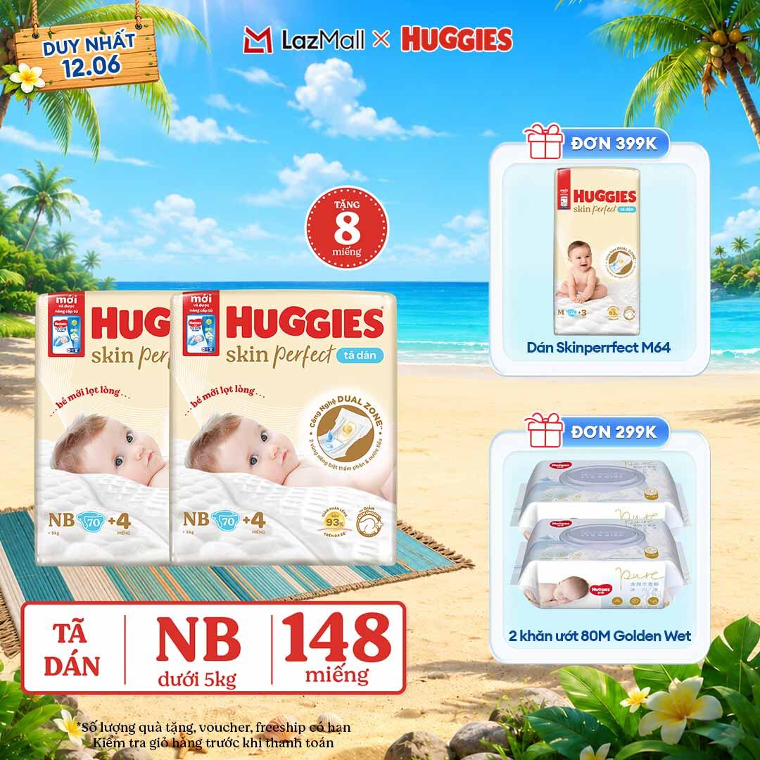 Combo 2 [Tặng 12 miếng] Tã/bỉm dán sơ sinh Huggies Skin Perfect NB70+6 miếng với 2 vùng thấm giảm kích ứng da