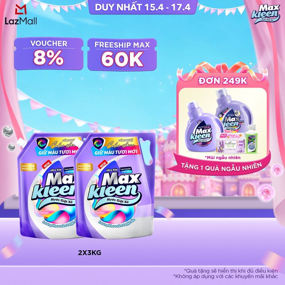 Combo 2 Túi Nước Giặt Xả MaxKleen Giữ Màu Tươi Mới Hương Khu Vườn Tuyệt Sắc 3kg/Túi