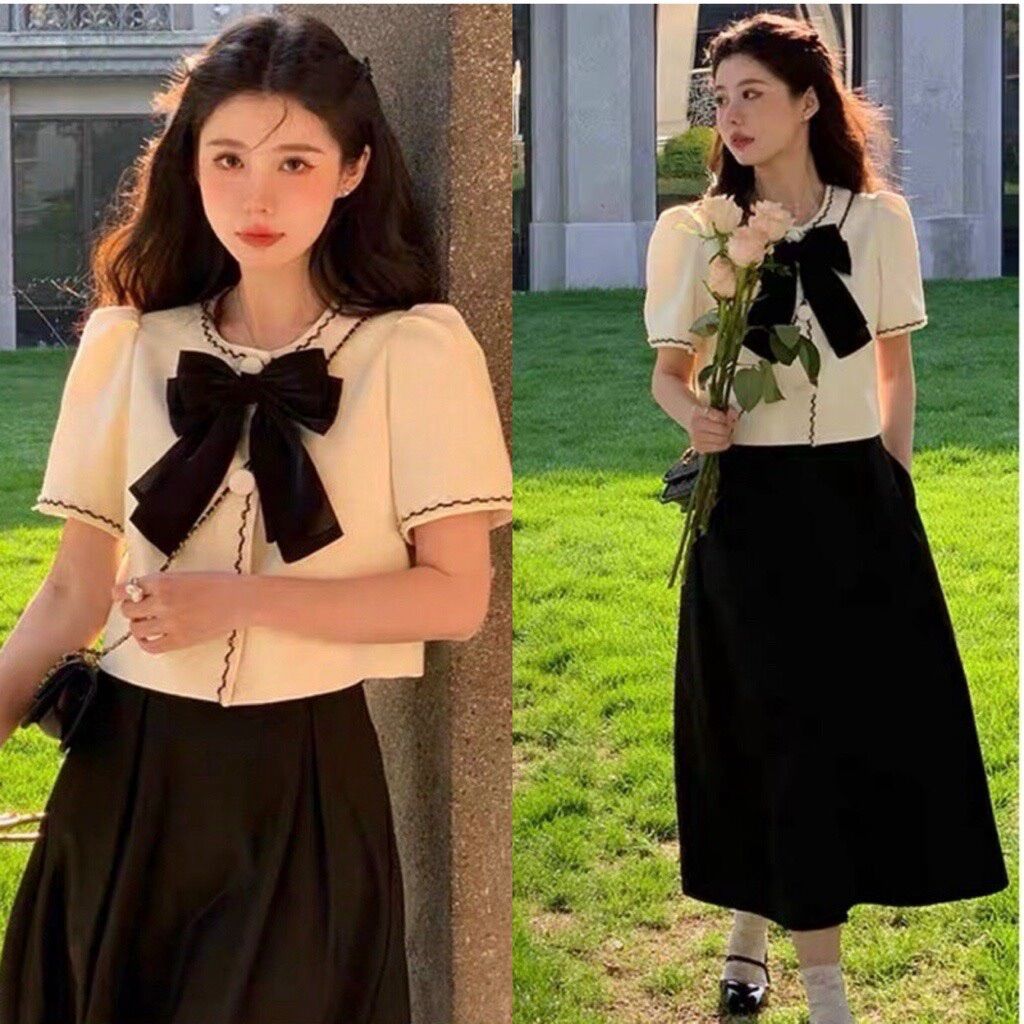 Aoa sơ mi phối nơ đen smnd888
