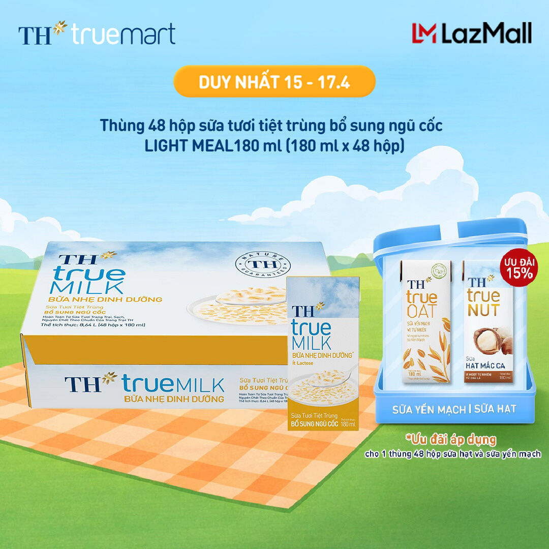 Thùng 48 hộp sữa tươi tiệt trùng bổ sung ngũ cốc TH true MILK LIGHT MEAL 180 ml (180 ml x 48)
