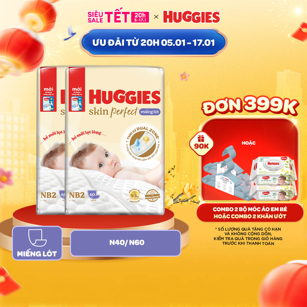 Combo 2 Miếng Lót Sơ Sinh Huggies Skin Perfect Newborn 2 N40/N60 Với 2 Vùng Thấm Giảm Kích Ứng Da