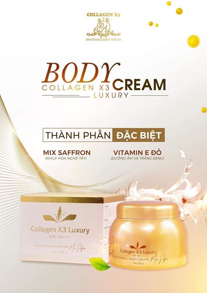 Kem body CollagenTһàпһ ρһầп của Kem Body Collagen X3 Luxury Hạt Vitаmιп E Đỏ Saffron (Nhuỵ Hoa Nghệ Tây) nguyên liệu làm đẹp đắt đỏ nhất thế giới Chiết Xuất Rau Má Bột Ngọc Trai Bột Thông Đỏ Sữa Dê