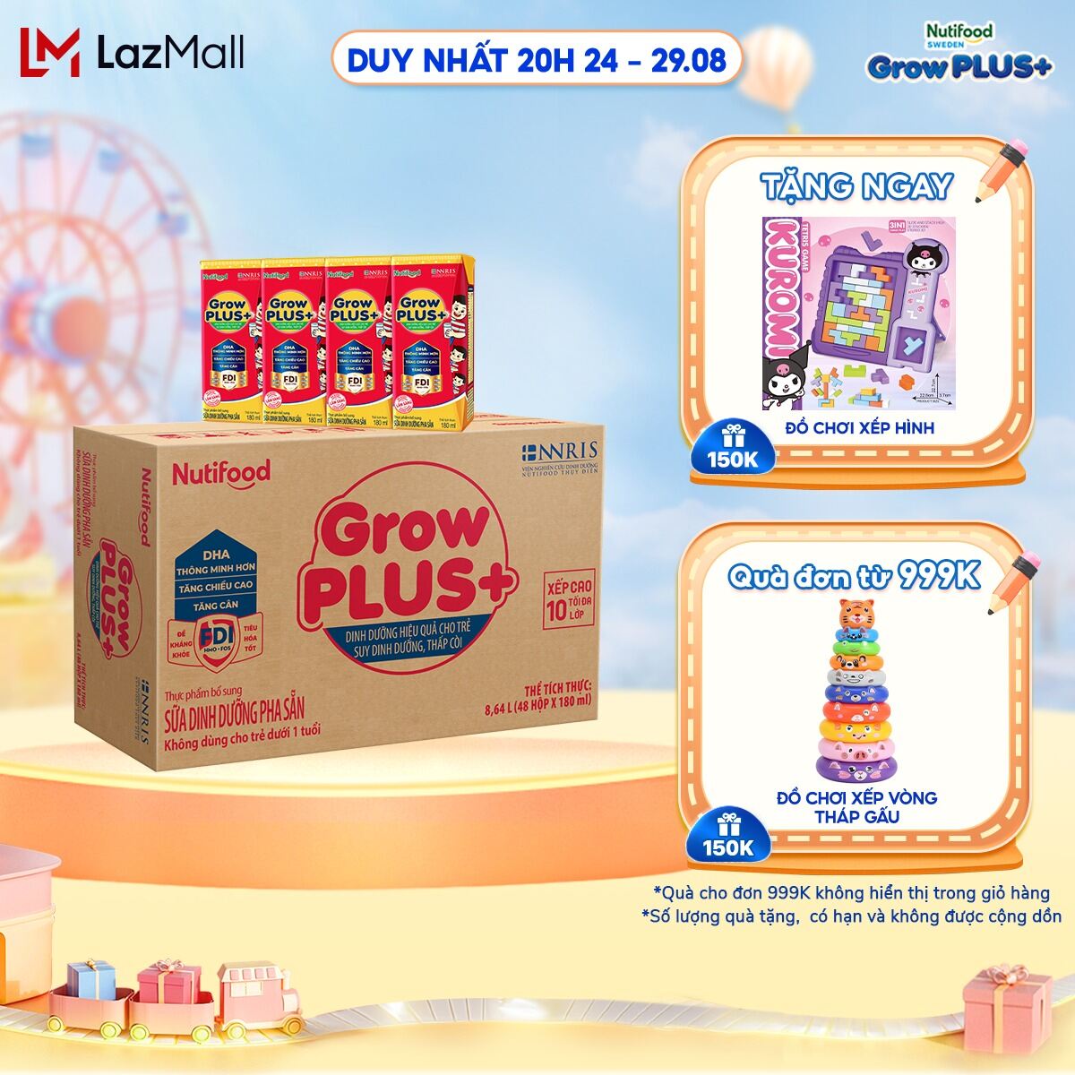 Thùng Sữa Bột Pha Sẵn Nutifood GrowPLUS+ Suy Dinh Dưỡng - Trên 1 Tuổi - Tăng Cân, Tăng Chiều Cao (48 Hộp x 180ml)