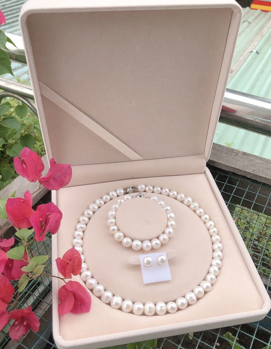 Bộ trang sức ngọc trai nuôi nước ngọt tự nhiên, hạt size 11-12ly màu Trắng ngà chuẩn 2A