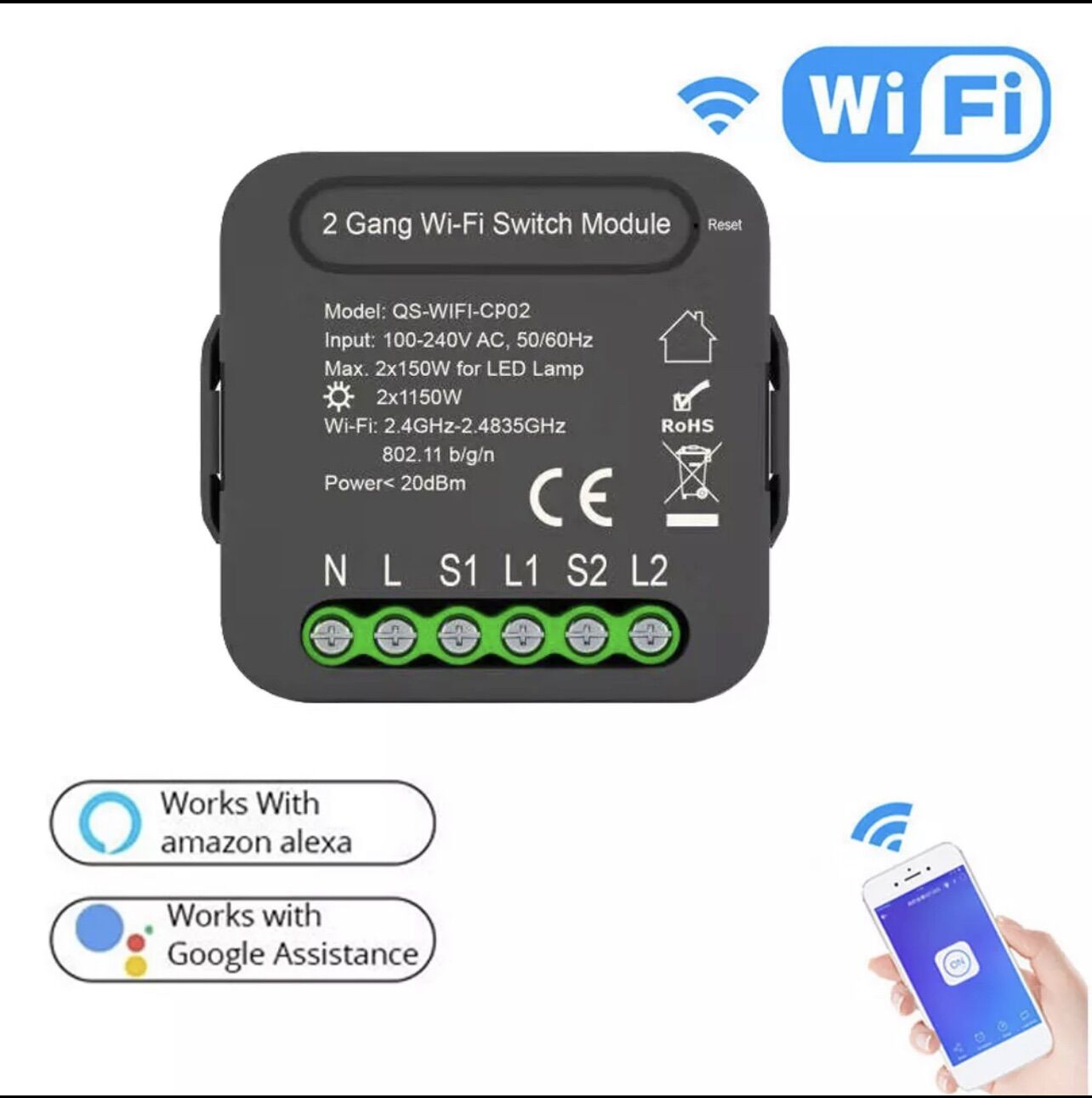 Công tắc module Tuya Wifi/ Zigbee hỗ trợ 2 công tắc cơ 1 chiều hoặc 2 chiều