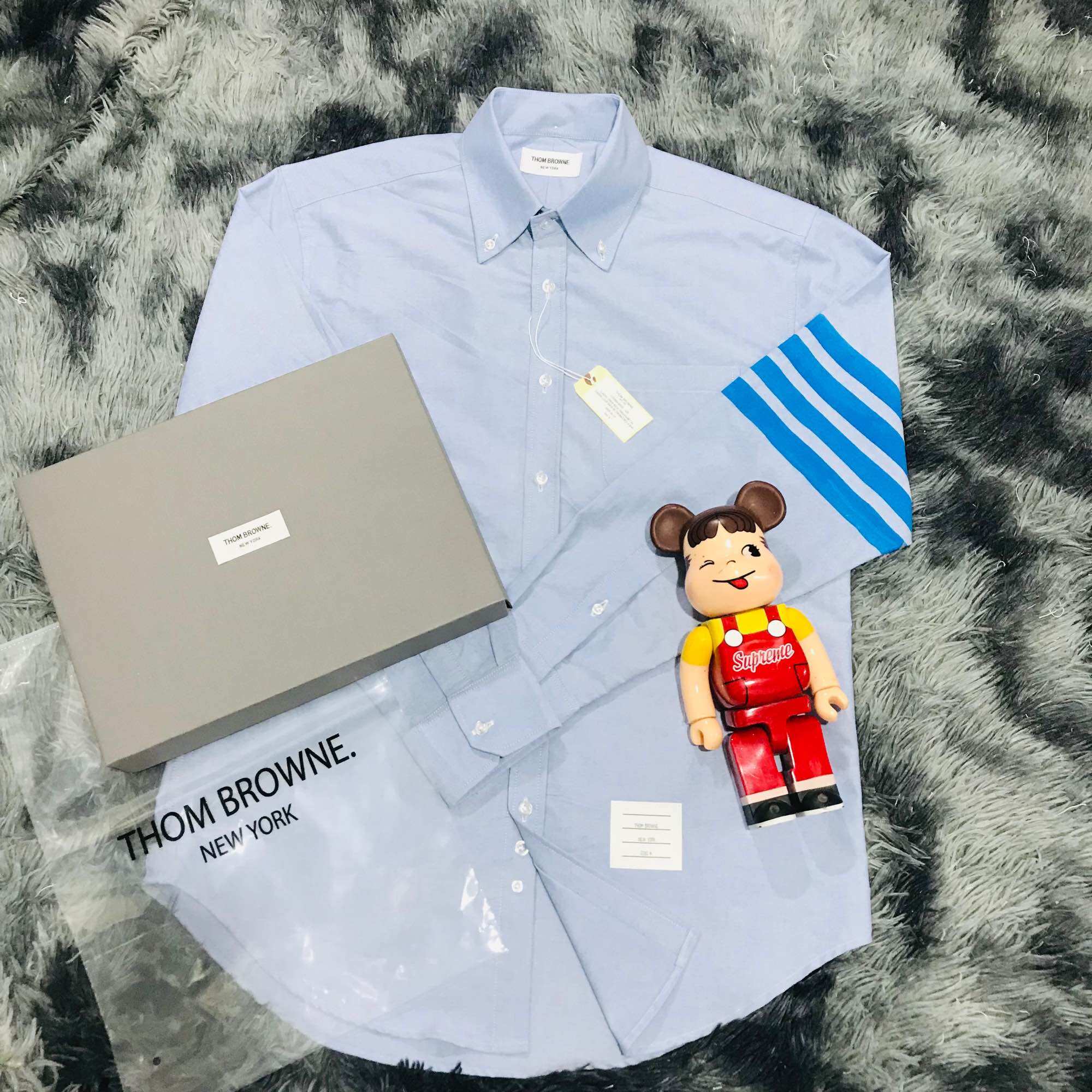 Áo sơ mi thom brown ‘e, xanh viền 4 sọc xanh vải oxford dày