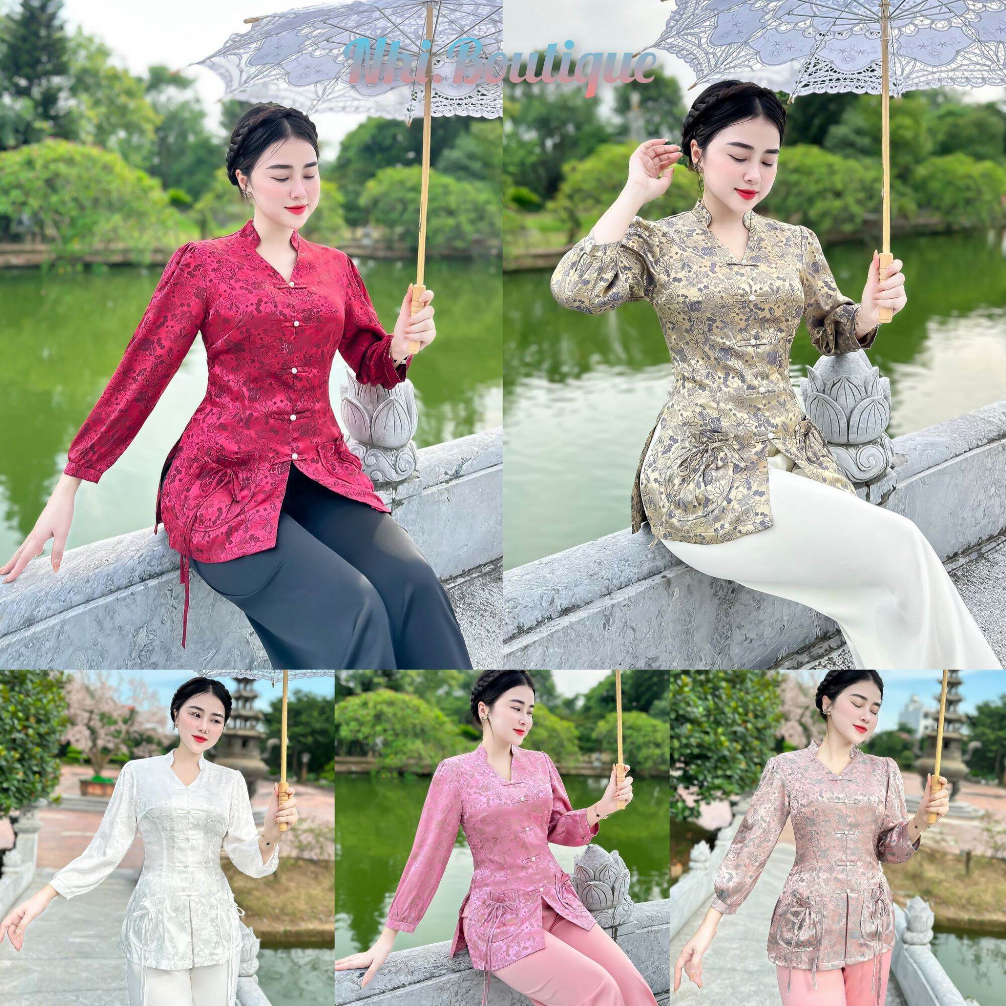 Đồ lam đi chùa, bộ đi lễ chùa nữ mẫu gấm túi tiền cổ v tay bo, vải lụa gấm loại 1