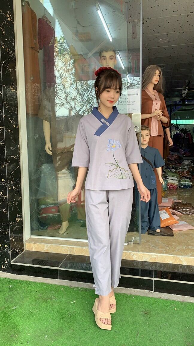 Đồ lam đi chùa, đồ phật tử vải kate 1 nút
