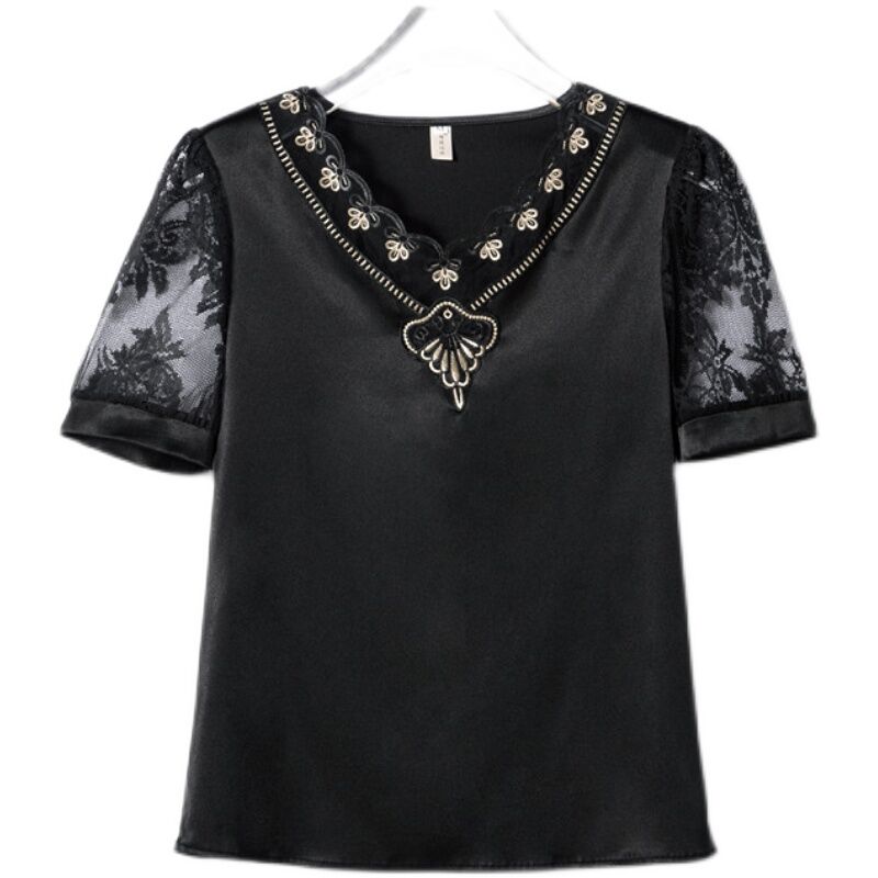 Áo Sơ Mi Trẻ Trung Kiểu Tây Lụa Tơ Tằm Cộc Tay Mẫu Mới Hè 2023 Áo Voan Lưới Thời Trang Bề Mặt Satin Nữ Áo Phông Tôn Dáng Gầy