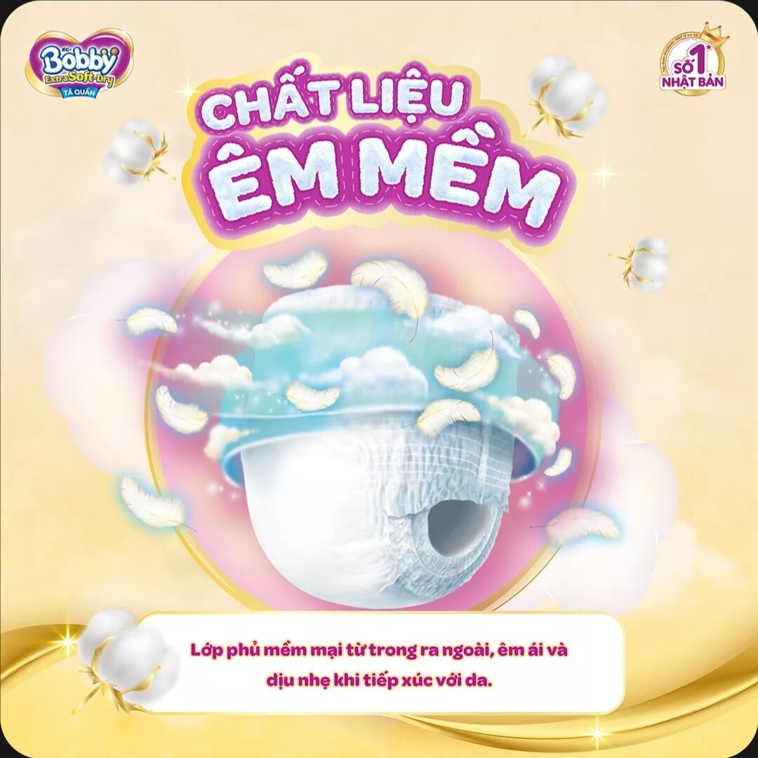 Tã quần Bobby Extra soft cao cấp L52+2 Thun chân ngăn hằn