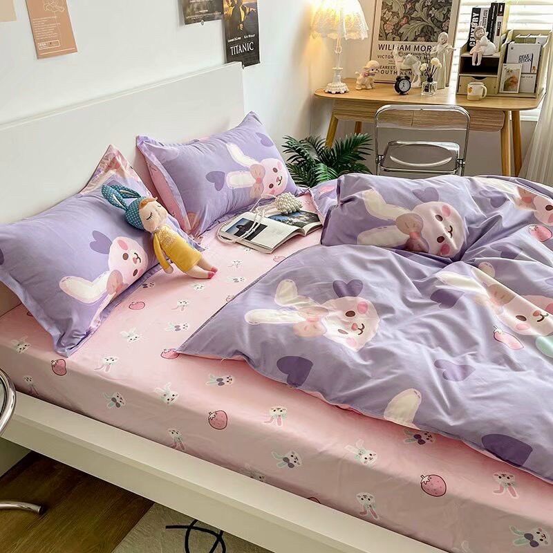 Bộ Chăn ga gối cotton poly - Mẫu thỏ tím.