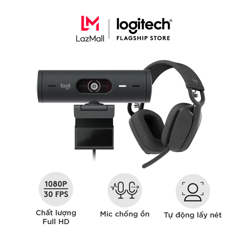 Combo Webcam Logitech Brio 500 và tai nghe Logitech Zone Vibe 100