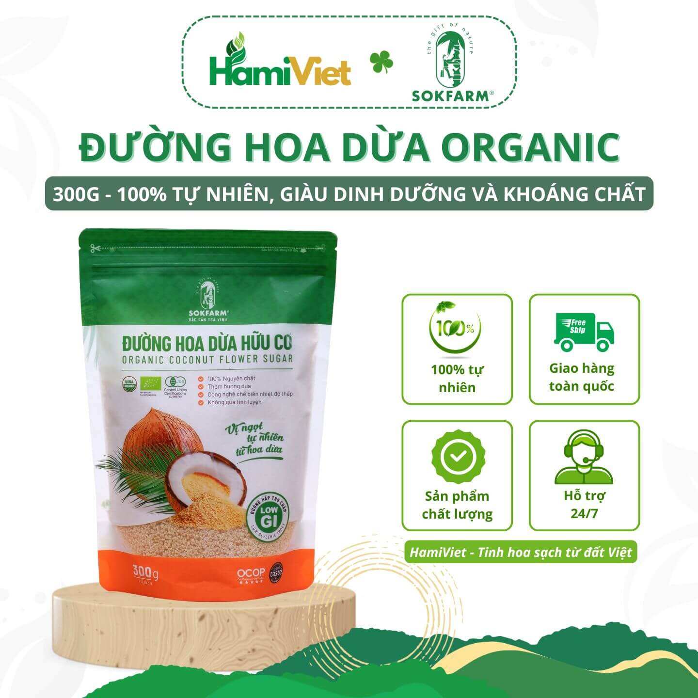 Đường hoa dừa organic Sokfarm nguyên chất 100%, vị ngọt tự nhiên từ hoa dừa, tăng sức đề kháng