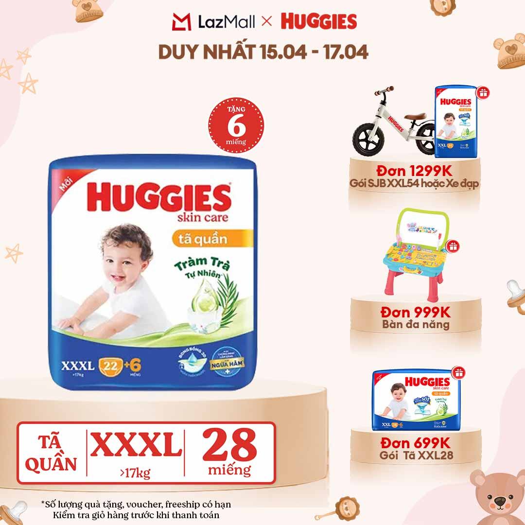 [CHỈ 18-24.04 GIẢM THÊM 90K] Tã/bỉm quần Huggies Skin Care Jumbo XXXL22+6 miếng với tràm trà dịu da