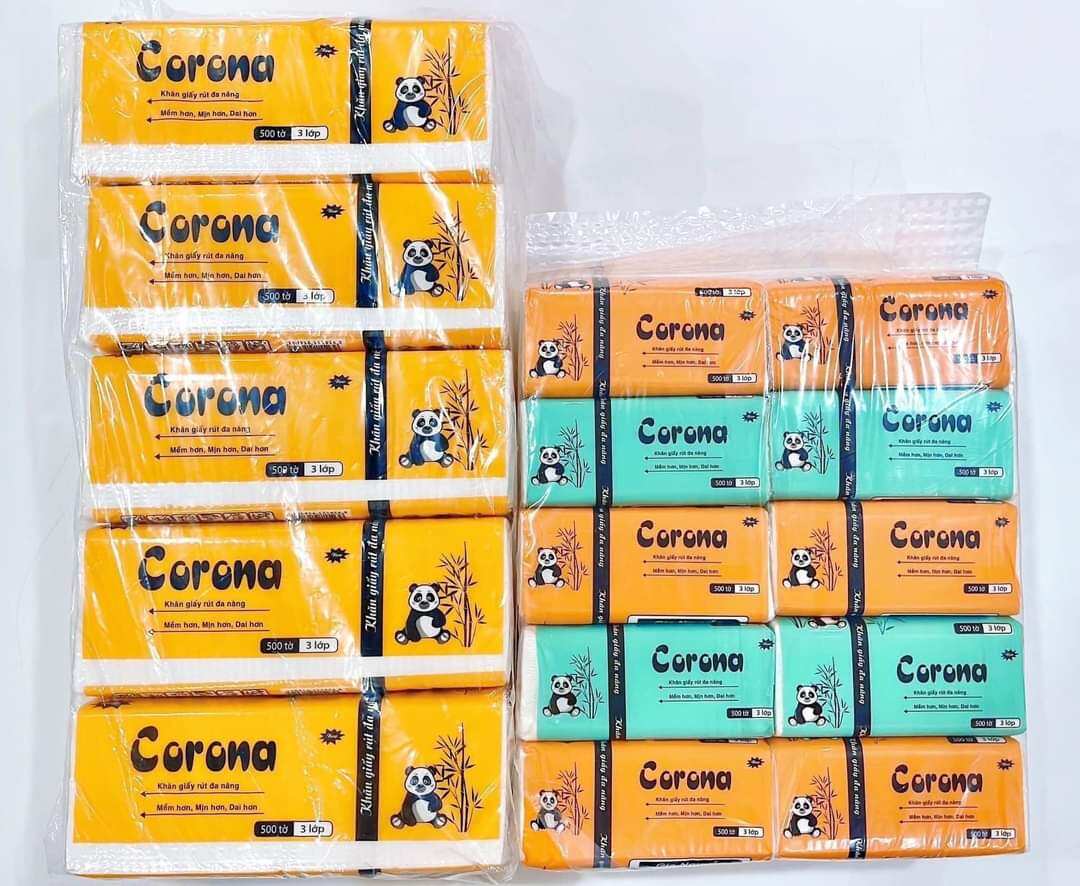 Khăn giấy lụa rút 3 lớp gấu trúc Corona chính hãng cao cấp, dai mịn, siêu dày 500 tờ/gói.