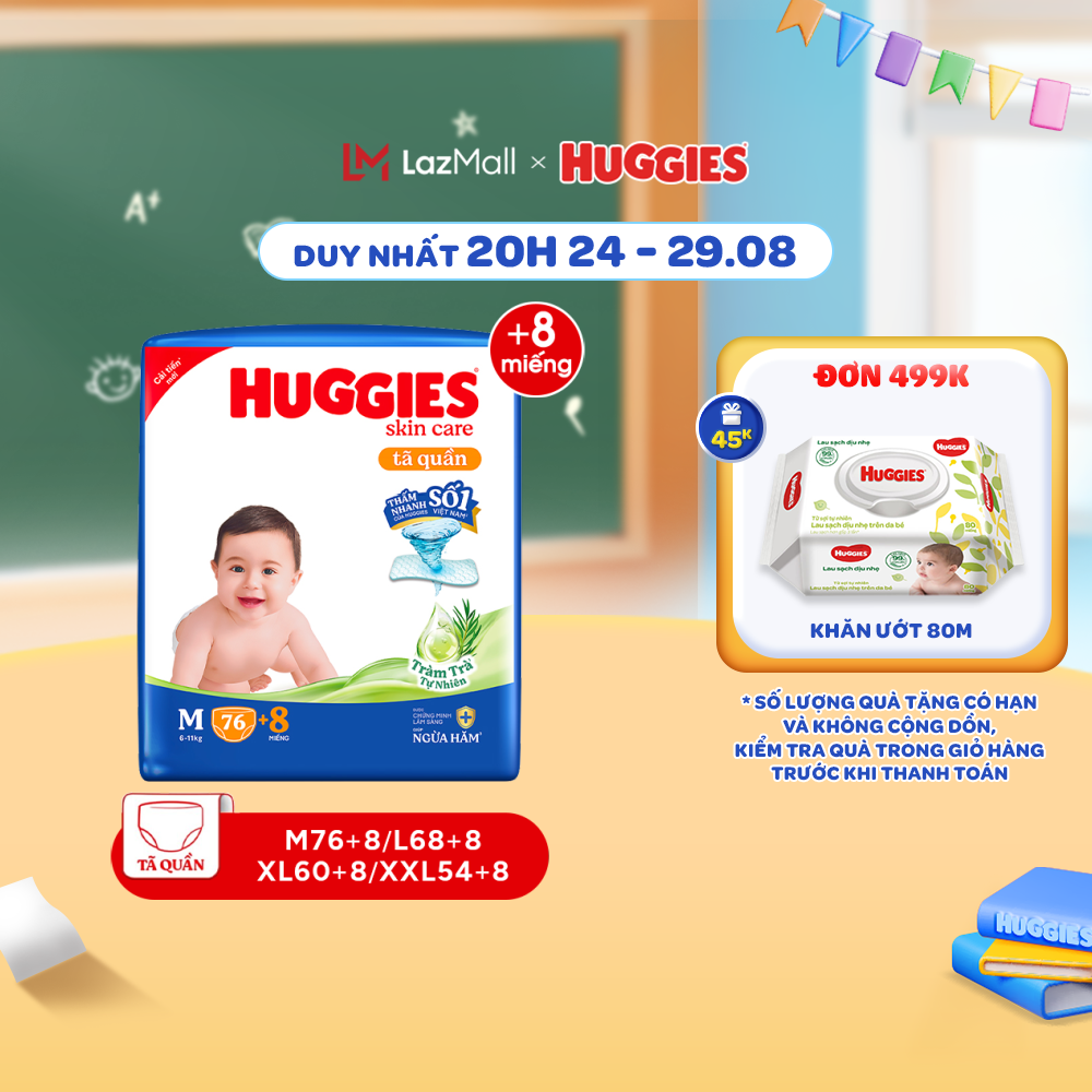 Tã/bỉm quần huggies skincare gói m76+8/l68/xl60/xxl54