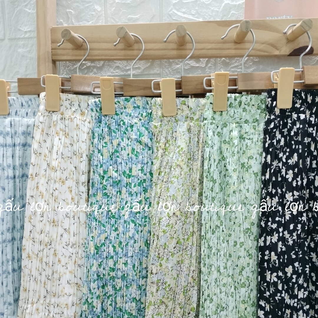 chân váy midi hoa nhí dập li ảnh thật