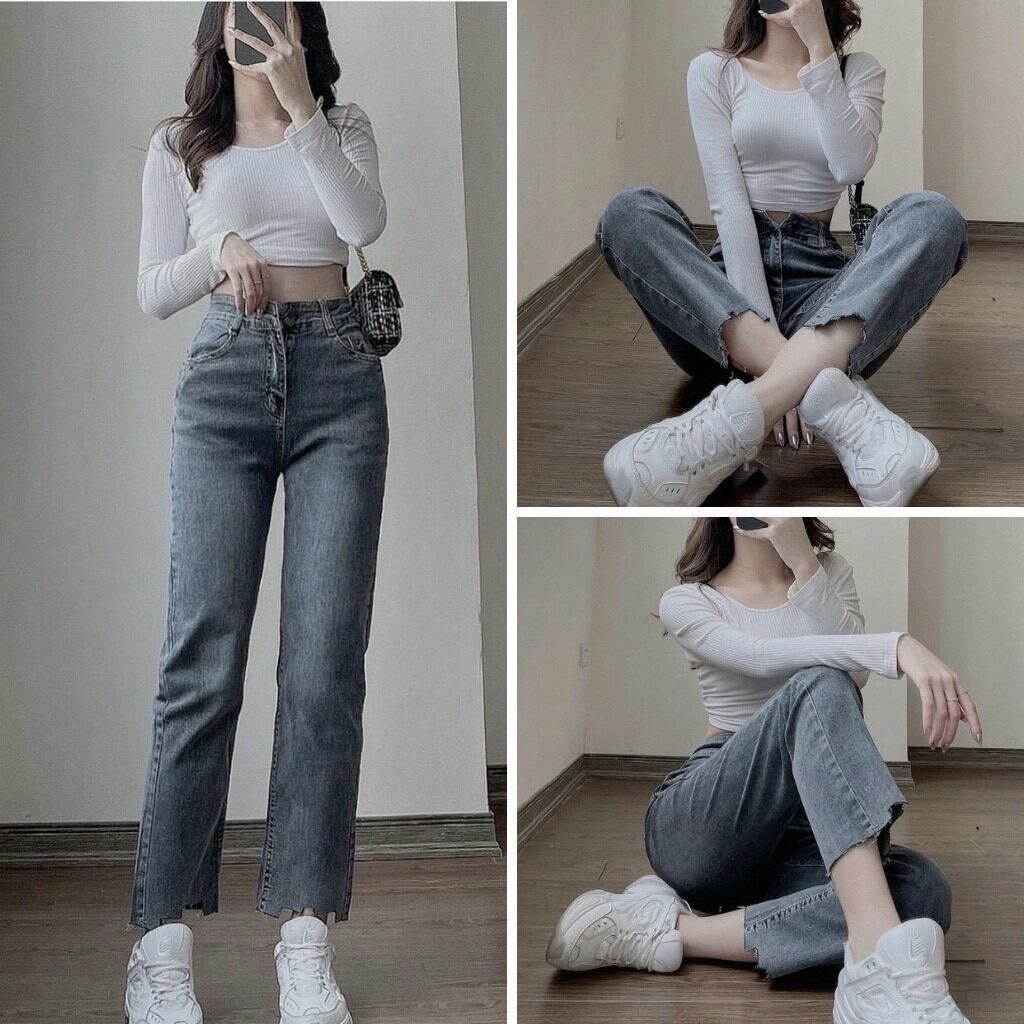 Quần jean ống đứng xẻ gấu mã 2401