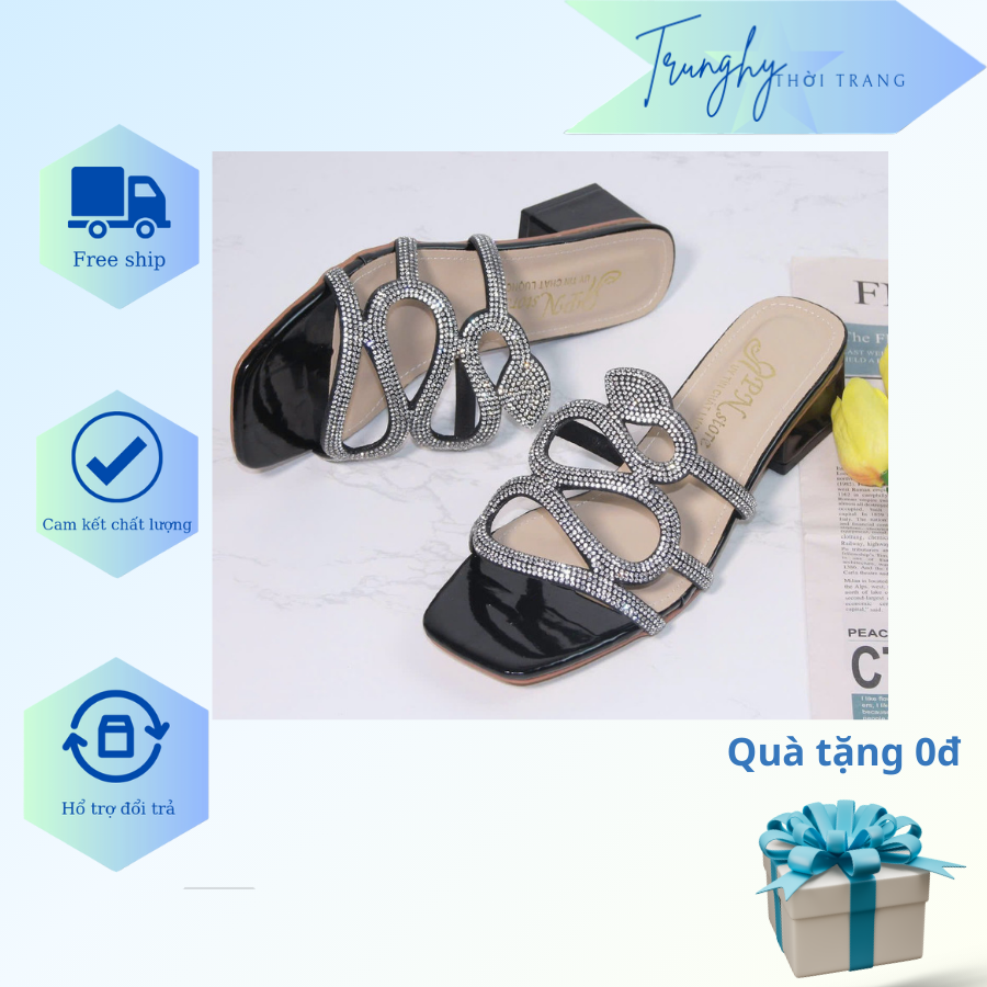 Guốc cao gót nữ 7p, dép guốc đế vuông kiểu mắc xích