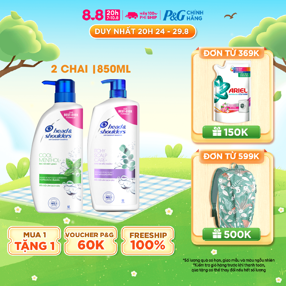 Combo 2 Dầu Gội Sạch Gàu HEAD&SHOULDERS Làm Sạch Vi Khuẩn/ Bạc Hà Mát Lạnh- Chai 850ml x2