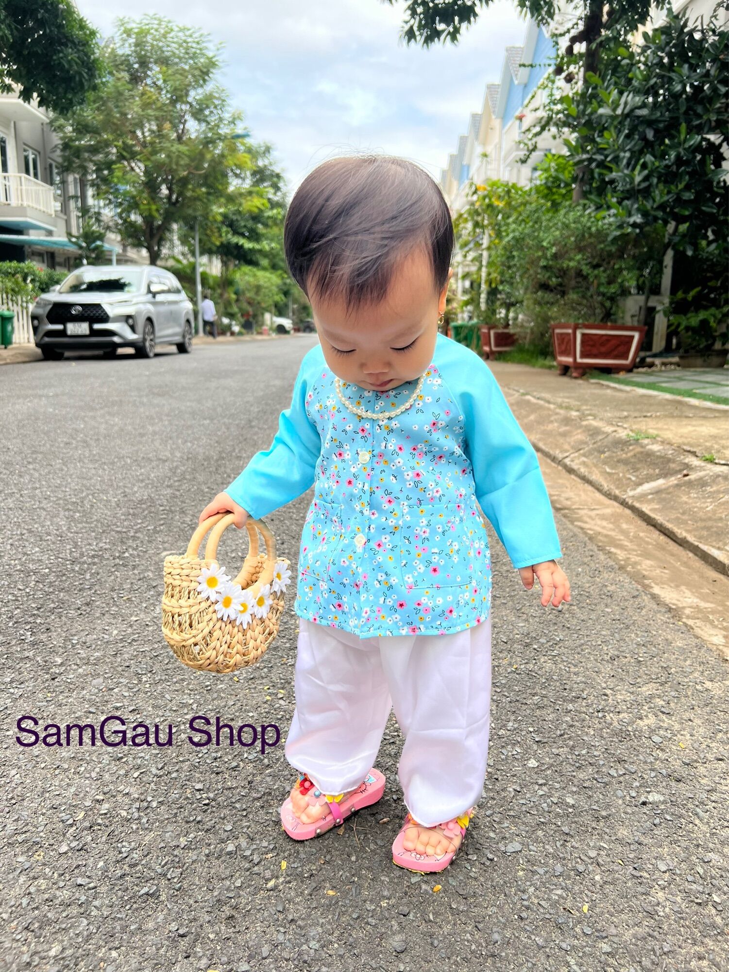 Tặng vòng cổ khi mua 2 Bộ Bà Ba áo hoa quần trắng cho bé gái từ 7-30kg SamGau Shop