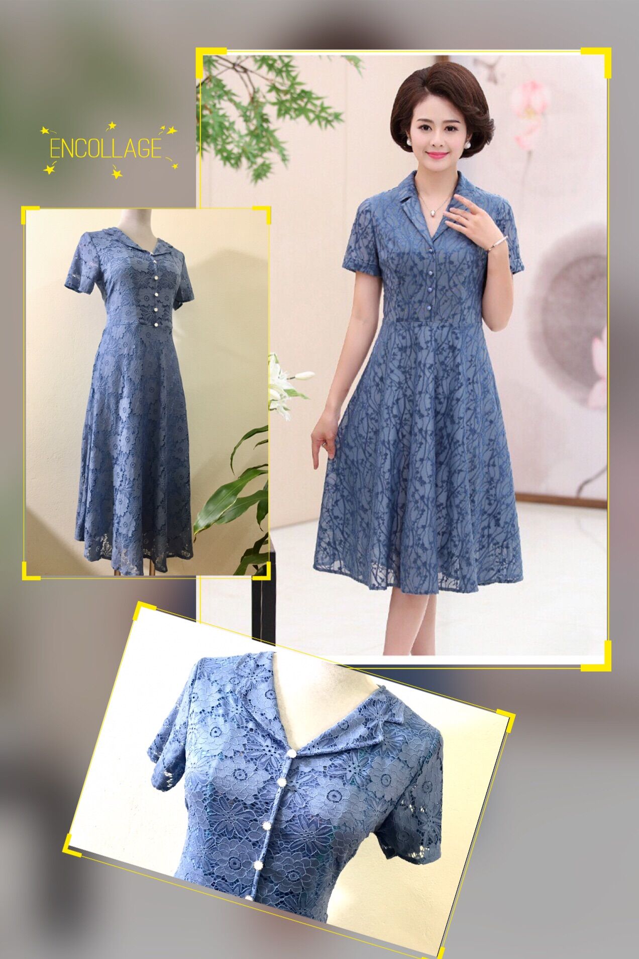 Đầm ren dáng xoè, đầm dự tiệc, đầm trung niên, đầm công sở cổ V đính cúc ngọc