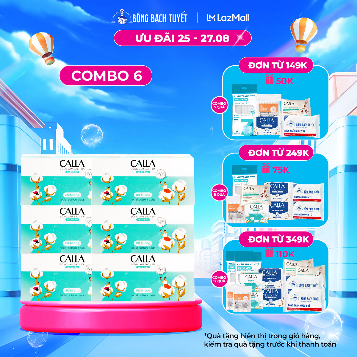 Combo 6 Hộp Bông tẩy trang làm sạch da Calla Sạch sâu 80 miếng/hộp