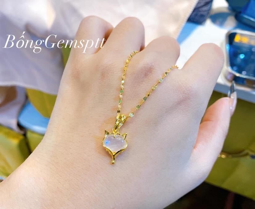 Dây chuyền hồ ly đá moonstone đá mặt trăng tự nhiên bọc vàng tây dáng baby, mặt dây chuyền đá phong thuỷ, trang sức thiết kế đủ hoá đơn thẻ bảo hành