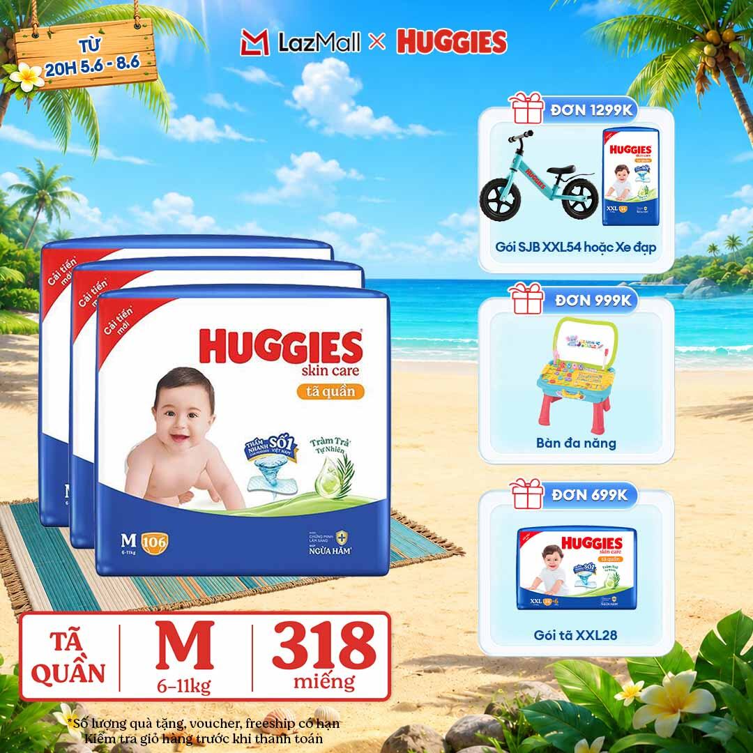 [CHỈ 9-10.6 GIẢM THÊM 90K]  Combo 3 Gói Tã/bỉm quần HUGGIES SKINCARE MEGA JUMBO size M106 miếng/ M102+4 miếng