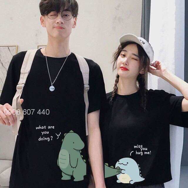 Áo thun đôi tay ngắn in hình khủng long xanh dễ thương