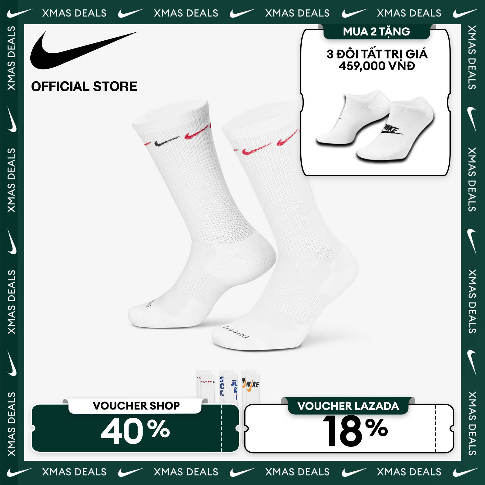   VOUCHER 40% + MUA 2 TẶNG VỚ  Tất Cổ Cao Nike Everyday Plus Cushioned Crew Socks  3 Pairs  - Multi-Color 