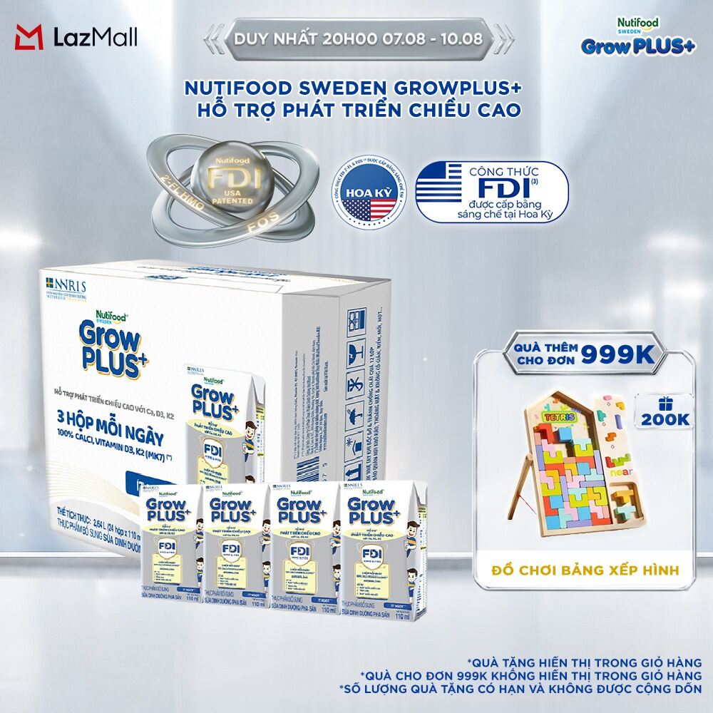 Sữa Bột Pha Sẵn Nutifood Sweden GrowPLUS+ Cao lớn vượt trội - Hỗ trợ phát triển chiều cao hộp 110 ml (24 hộp x 110ml)