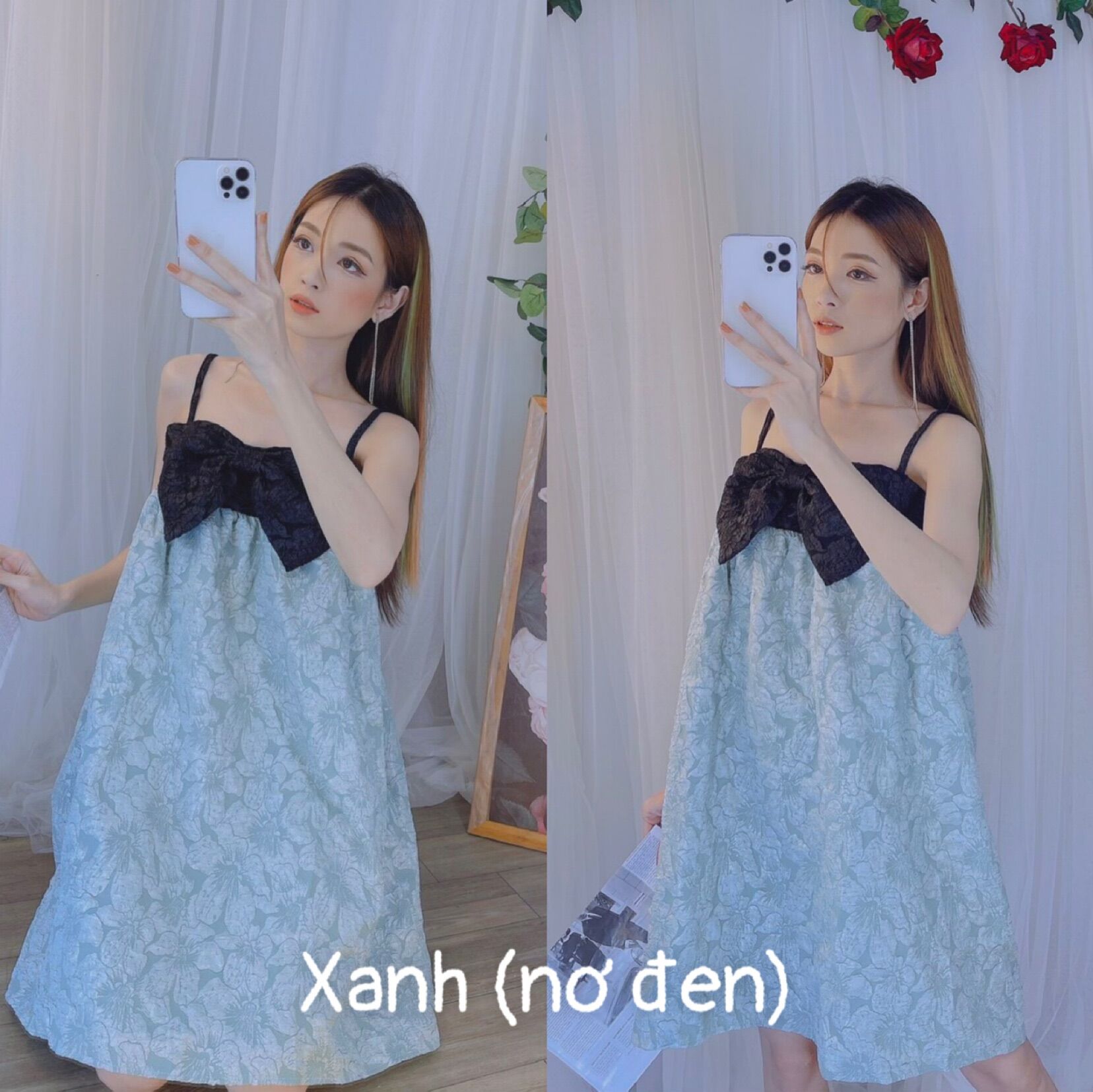 Đầm hai dây phối nơ chất gấm hoa cao cấp siêu hot