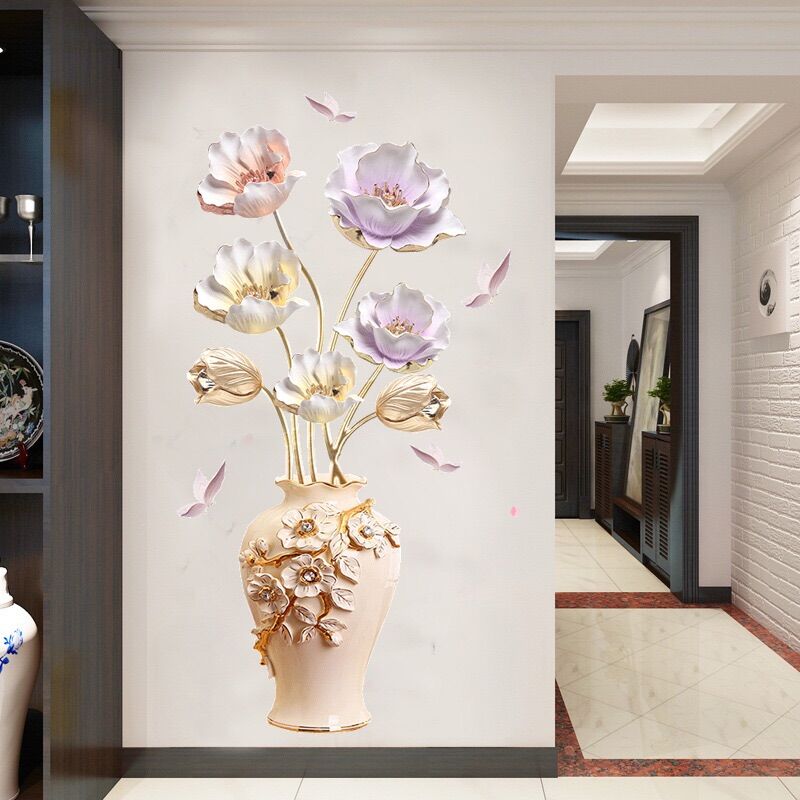 Decal dán tường bình hoa 3D trang trí phòng khách