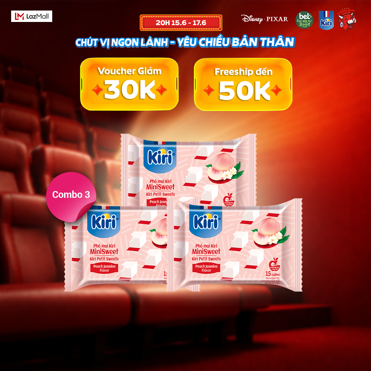 Combo 3 Phô mai Kiri vị đào hoa nhài 15C 78g