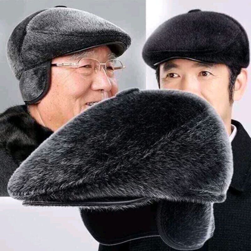 Mũ ông già ,mũ lông nhung ông già lót lông 2 mặt có bịt tai màu đen