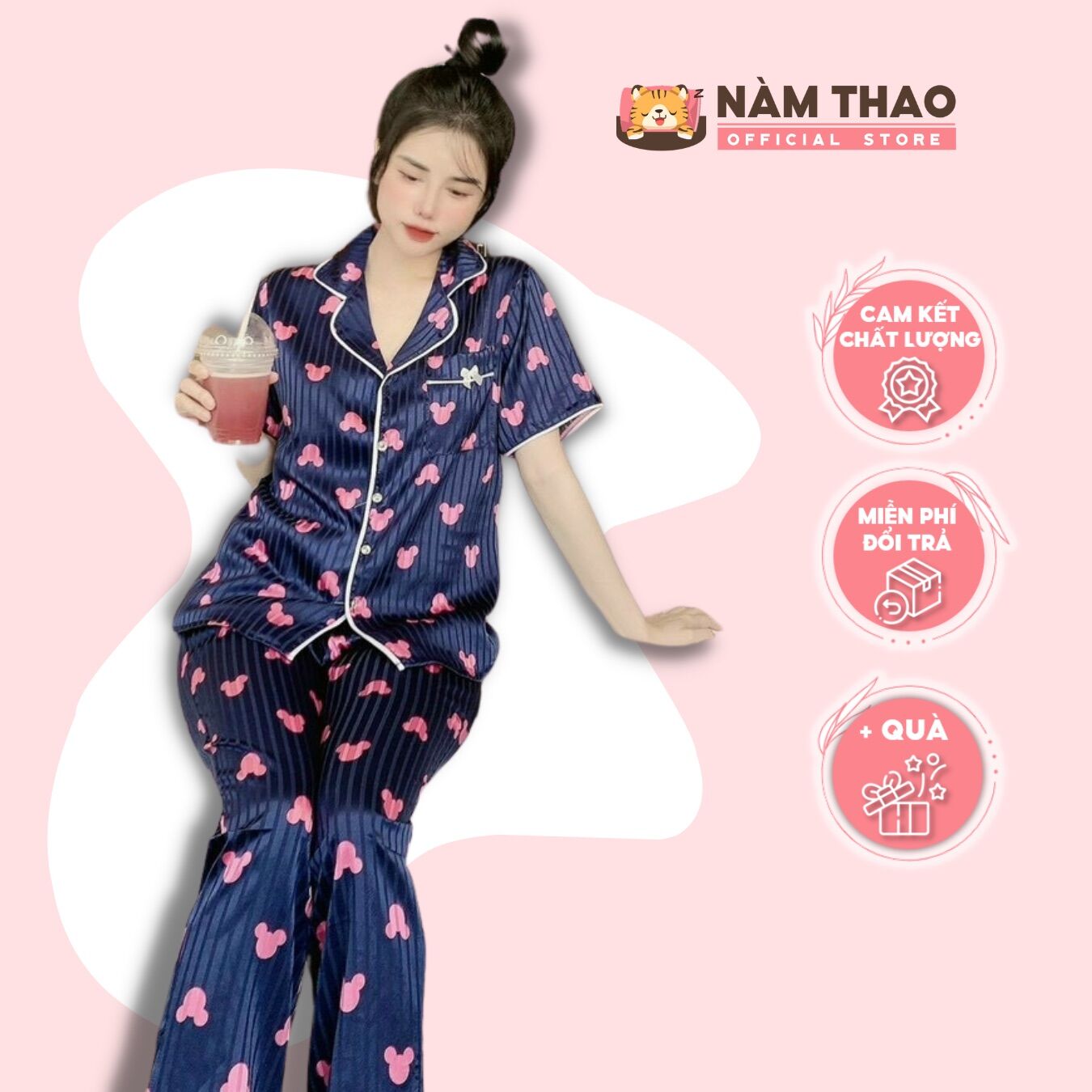 Bộ nữ mặc nhà pyjama nàm thao, chất lụa satin gấm - mẫu dài cộc in hình dễ thương - size: 40kg - 62kg - sh43
