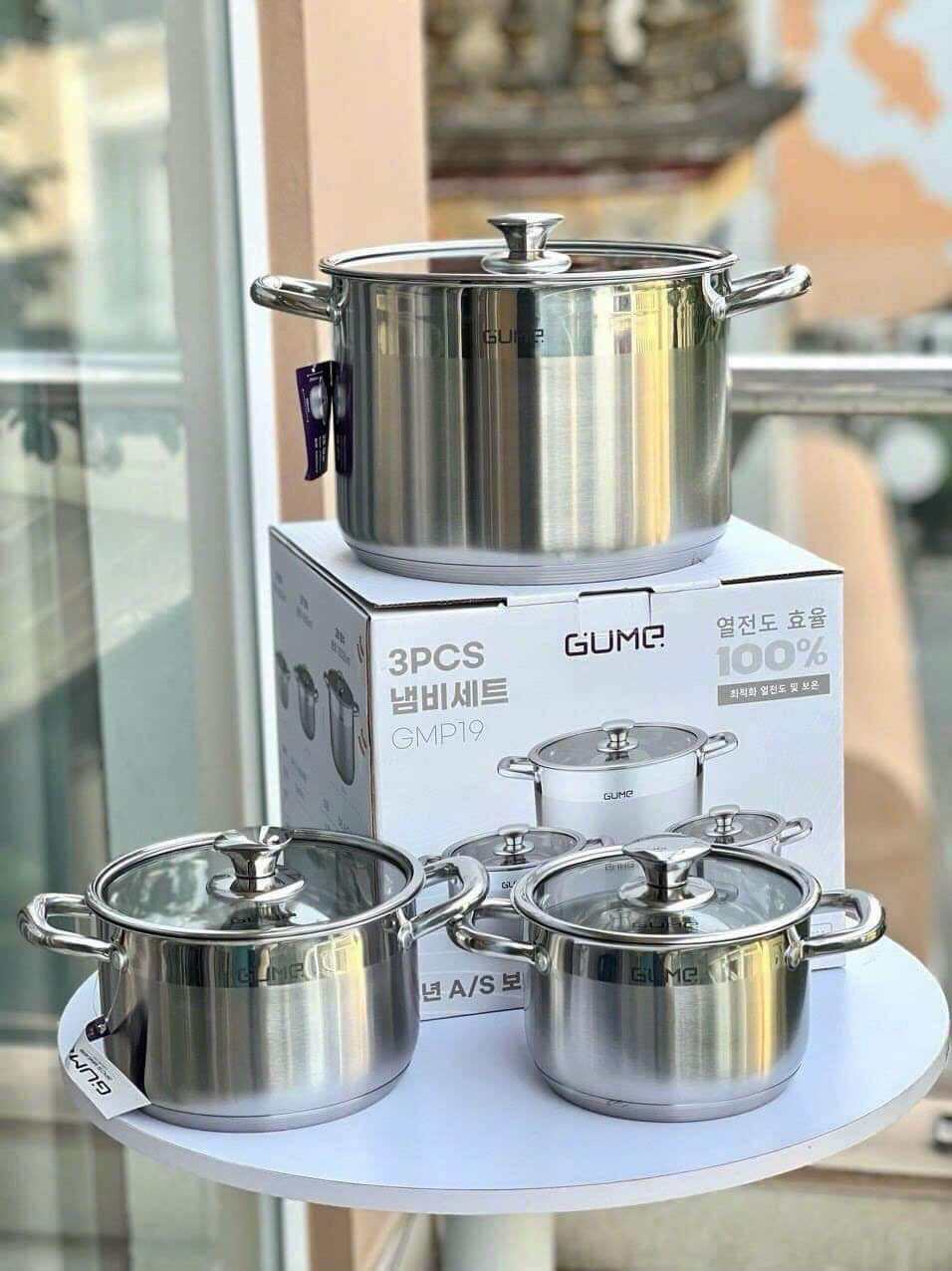 Bộ nồi 3 món Gume Hàn Quốc GMP19 dung tích lớn. Bộ nồi đáy 5 lớp inox cao cấp,  Nồi luộc gà size 28c