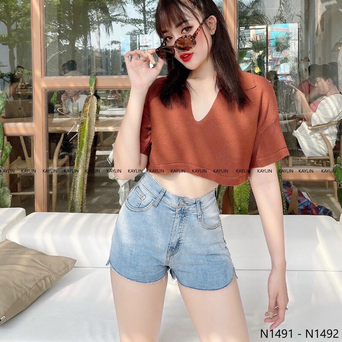 💥Áo len croptop cộc tay cổ bẻ dáng thụng
